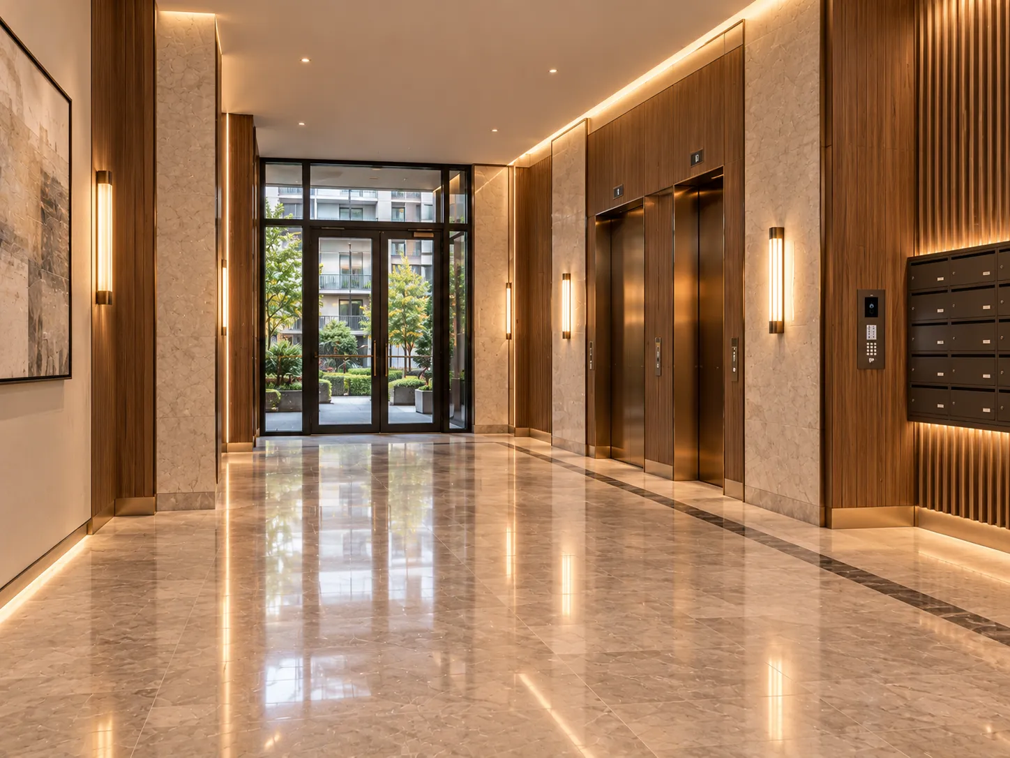 Hall d’entrée de résidence en pierre et bois, éclairage chaleureux